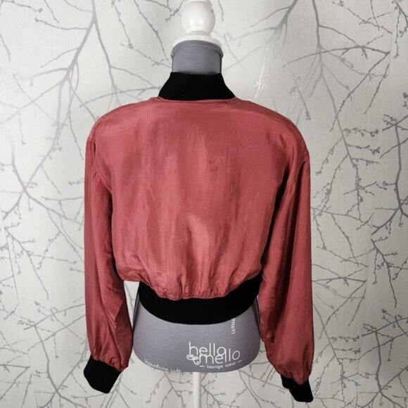 Vintage Salmon Pink 100% Silk Full Zip Cropped Bomber Jacket - Picture 3 of 5